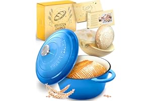 KRUSTENZAUBER Garnek do pieczenia chleba, zestaw zawiera Kosz fermentacyjny, wysokiej jakości garnek emaliowany, 26 cm, idealny żeliwny garnek do pieczenia chleba, akcesoria do pieczenia chleba