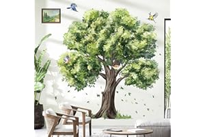decalmile Pegatinas de Pared Árbol Verde Acuarela Grande Vinilos Decorativos Hojas Plantas Verde Pájaros Adhesivos Pared Habitación Niña Dormitorio Salón