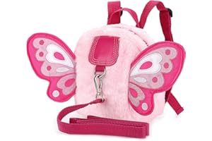 BTSKY Fluff Butterfly Baby Toddler Backpack Bag with Safety Rein - Kids Walking Harness Anti-Lost Harness Leash Strap Belt, Pink