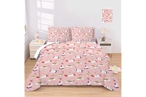 INTOMENG Kids Double Duvet Cover Set Unicorn Rainbow Bedding for Girls Pink Bedding 100% Microfibre Quilt Cover Set 200×200cm and 2 Pillowcases 50×75cm 3D Meteors Flowers Hearts Pattern