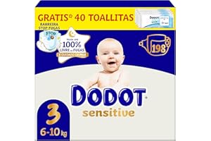 Dodot Sensitive Baby Diapers, Size 3 (6-10 kg), 198 Nappies + Gift of 40 Aqua Pure Wipes 99% Water, Up to 12 h Leakage Protection and Skin Care, Monthly Pack