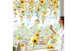 wondever Sunflowers Window Clings Spring Summer Hanging Vine Daisy Floral Leaves Glass Sticker Decal Anti Collision Double-Side Static Window Stickers for Home Glass