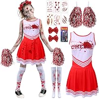 Zombie Cheerleader Kostüm Für Mädchen – Rot-weißes Kleid, Größe 125-135 Cm (7-9 Jahre)
