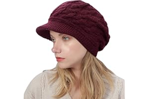 Digitek Beanie Hats for Women - Thermal Knitted Winter Hat Fleece Lined Ladies Beret Hat Warm Knitted Wool Hat Crochet Peaked Baker Boy Hat with Visor for Women Girls UK