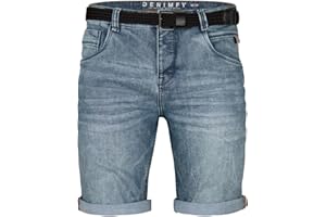 DENIMFY Dżinsy męskie z paskiem, strecz, krótkie spodnie regular fit, DFBo, krótkie spodnie, bermudy, letnie, dżinsowe, jednokolorowe, niebieskie, czarne, 31 32 33 34 36 38 40 42