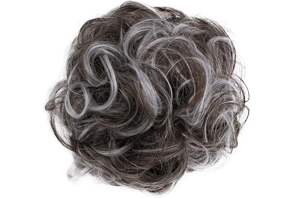 CAISHA XL Postiche Choucho Avoir Les Cheveux Relevés Volumineux Bouclé Chignon Mélange Gris Brun G25E