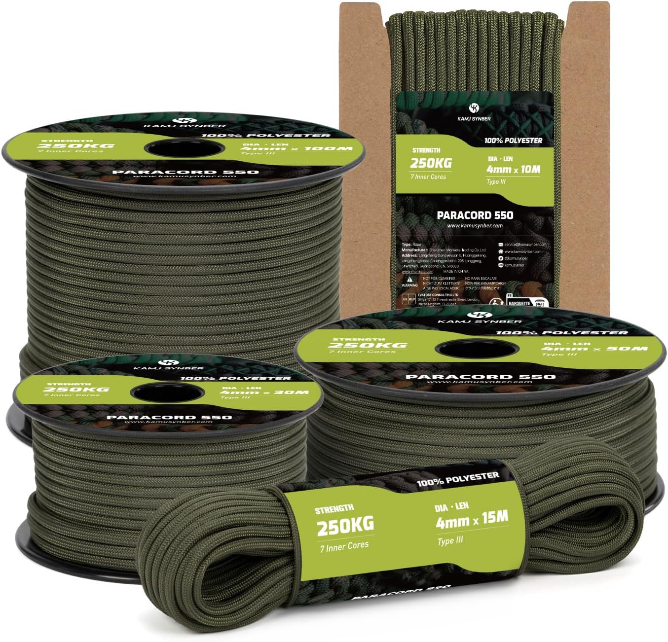 Kamu Synber Paracord 550 Tipo III 4mm 15m 7 Hebras 100% Poliéster Cuerda para Camping, Supervivencia, Correa de Perro, Collar, Pulsera | Soporta 250kg | Ejercito Verde