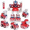 Baeroly 5 in 1 Transformer Robot Toy Firefighting Series, Including Fire Trucks, Ladder Trucks, Cranes, Police Cars and Assembled Parts for Children Over 3 Years Old