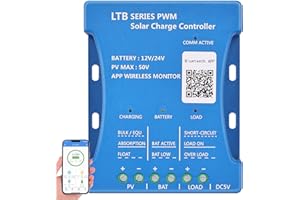 DERUXI 20A 12V/24V Controlador de Carga Solar Bluetooth PWM Regulador Carga Solar Panel solar Batería Inteligente Carga de Regulación con puerto USB 5V para baterías de plomo ácido LiFePO4 de litio