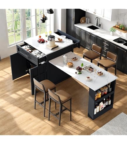 Table De Bar Extensible Avec Rangement - Longueur Réglable 120 à 180 Cm, Rotation 360°, Plateau MDF, Couleur Noir + Naturel
