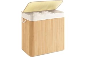 SONGMICS Panier à Linge 150L, Corbeille Linge Sale 3 Compartiments de Tri, Couvercle en Bambou, Poignées, Pliable, Sac Amovible Lavable en Machine, pour Buanderie, Chambre, Couleur Boisée LCB091N01