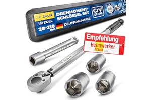 S&R 1/2 Zoll Drehmomentschlüssel Auto Set 28-210 Nm, Drehmomentschlüssel Motorrad 475 mm, Verlängerung 125 mm, 3 Stecknüsse 17, 19, 21 mm; Kfz Reifenschlüssel TÜV geprüft GS bruchfest Nüsse
