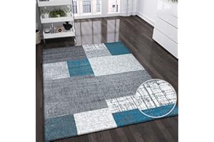 Vimoda Designerski dywan z krótkim runem w turkusowym niebieskim, szarym i białym wzór płytek 80 x 150 cm, łatwy do czyszczenia