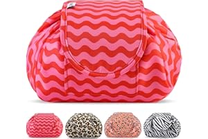 VAVABOX Lazy Drawstring Makeup Bags, Large Capacity Waterproof Travel Portable Cosmetic Bag Pouch Makeup Pouch Storage Organiser for Women Girl (Red Wave)