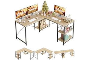 Bestier L Shaped Desk with Shelves Reversible Corner Desk 240CM Industrial Long Table Stable Desk L Shape Computer Workstation with 3 Cable Holes