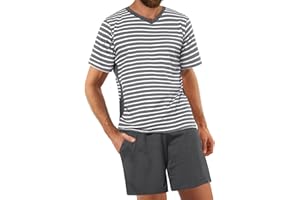 Bresdk Pigiama Estivo Uomo Corto Pigiami Due Pezzi Manica Corta Cotone Morbido Camicia a Righe con Scollo a V e Pantaloncini