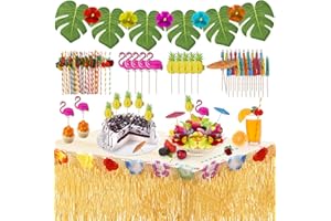 URBZUE Set Tovaglia Tavolo Gonna Hawaiana, Ricchi Accessor per Festa, Foglie di Palma, Fiori Hawaiani, Cake Topper per Il Partito Luau Decorazioni