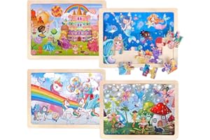 PLUNACK Puzzle Unicorno Mermaid Princess 3 4 5 6 Anni, 4 Puzzle x 24 Pezzi Ragazze Puzzle Legno, Giocattolo Educativo, Montessori Regalo per Bambini per Ragazzi e Ragazze