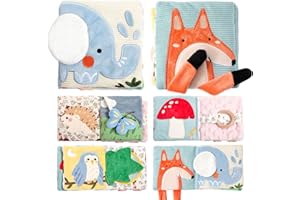 WOODEN TEETHER Livre de bébé en tissu avec miroir, jouet pour bébé de 0 à 6 mois - Livre sensoriel interactif - Livre d'or crépitant pour bébé - Cadeaux pour nouveau-né - Éléphants