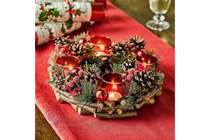 MYSMARTBUY.COM Festive Candleholder Centrepiece with 4 LED Candles - White Round Frosted Christmas Xmas Tealight Holder Table Decoration with Twig Base, Pinecones, Faux Spruce, Stars & Baubles - H9 x 30cm (Red)