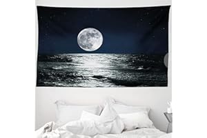 ABAKUHAUS Luna Tapiz de Pared y Cubrecama Suave, Dibujo Temático Etérea, Decoración para el Cuarto, 230 x 140 cm, Negro Azul Oscuro Blanca