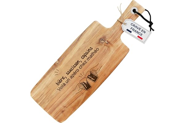 KDO-MAGIC - Planche apéro personnalisée - Planche à découper personnalisable - Texte gravé - 4 modèles de gravure - Bois d'Acacia - Cadeau cuisine (Modèle Apéro)