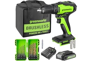 Greenworks Perceuse-visseuse sans fil 24 V, moteur sans balais, couple 35 Nm, avec batterie 2Ah et chargeur, kit de forets