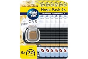 AMBIPUR Ambi Pur Ambientador para coche, 6 ambientadores para coche, fragancia dorada y flores de vainilla, elimina olores, fácil de enganchar, hasta 30 días de perfume para desodorante, desechable