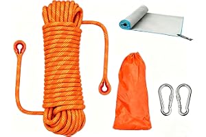 20m multifunktionsrep utomhus – 10mm flätat nylonrep med 2 säkerhetskrokar, maxvikt 1200 kg – Räddningsrep, brandrep, fallskärmsrep, bergsklättring, camping – Orange + mikrofiberduk