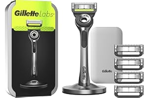 Gillette LABS RASOIO UOMO,con 5 LAMETTE DA BARBA di Ricambio, BASE MAGNETICA e BARRA INTEGRATA Elimina Impurità Pelle,Rasatura Facile,Comfort Ottimale, Manico Confortevole, CUSTODIA DA VIAGGIO,Grigio