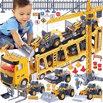Jouet Chantier Construction UCAMP - Lot De 6 Camions + Grue + Figurines Pour Enfants 3-12 Ans