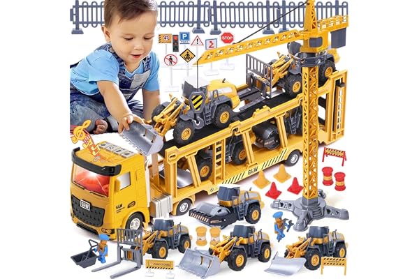 Véhicule Chantier Jouet Enfant avec Camion de Construction, Grue à Tour, Bulldozer, Rouleau compresseur, Chariot élévateur, Véhicules de Construction Grand Camion Cadeau Enfant Garçon 3 4 5 6 7 ans