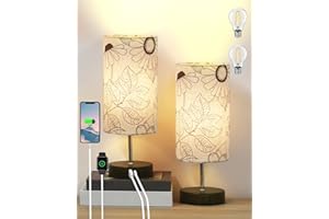 Lanmonlily Lámpara Mesita Noche Táctil 2 Piezas Regulable 3 Niveles de Brillo, Puerto de carga tipo C+USB-A, Pantalla de tela con base metálica, 2 Bombillas incluidas, Lampara de Noche Dormitorio