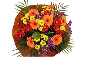 MORNING FLOWERS Autumn Burn Bouquet Fresh Flowers Orange Gerberas, Yellow Red Chrysanthemums Bright Arrangement Gift Chocolate (Chocolate)