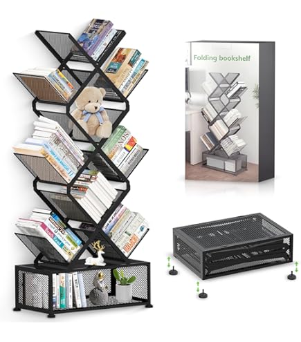 HI NINGER Folding Bookshelf,9 Tier Tree Bookshelf With Storage Cabinet Stylish Design Metal Bookshelf For Display Of Cds Books In Living Room Home Office Tall Floor Standing Book Organizer For Bedroom - View #5