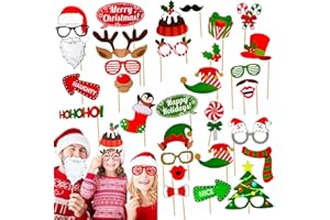 AISSZHAO Christmas Photo Booth with 32P Photo Booth Props Selfie Picture Frame for Christmas Family Party,Winter Paper Props Fancy Eyeglasses for Congrats Xmas Party Game Accessories Supply