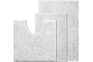 UHOUSEST Bathroom Mat Set of 3, Non Slip Chenille Bath Mat Set Rugs, Extra Soft With Water Absorbent Pedestal Bathmat and U Shape Bathroom Toilet Rug, Machine Washable Bath Mats for Bathroom, Pure White