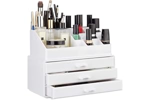 Relaxdays Make Up Organizer klein, 2-teilige Schminkaufbewahrung mit 3 Schubladen, stapelbares Kosmetikregal, weiß, 14 x 23.5 x 19 cm