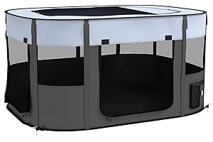 PawHut Dog Pen, Pet Playpen, Portable Foldable Dog Cat Playpen Soft Pet Cage with Storage Bag for Puppies, Rabbits, Kittens, Guinea Pigs, 114 x 89 x 59cm - Grey