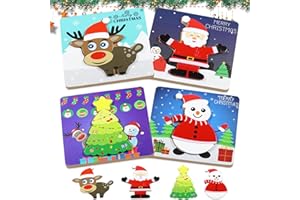 Giugio Puzzle in legno di Natale per bambini, regalo per bambini da 1 a 3 anni, 4 pezzi Montessori, puzzle in legno, albero di Natale, pupazzo di neve