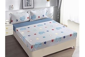 ETREXONLINE Conjunto de Sábanas 4 Piezas Cama 150 cm - Microfibra Ultra Suave Incluye 1 Bajera 150x200+28 cm, 1 Encimera 230x270 cm, y 2 Fundas de Almohada 50x90 cm - Color Estrellitas y Corazón