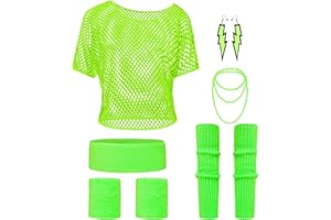 Clundoo 90er 80er Jahre Outfit Damen, Netzoberteil Damen Neon Kostüm, 80er Jahre Netzoberteil, 80erJahre Kleidung Damen 80iger Schlagerparty Bad Taste Outfit Frauen Neon Party (Grün)