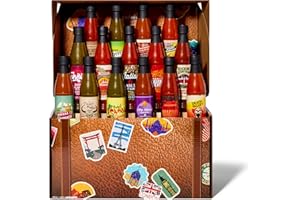 Thoughtfully Gourmet, World Traveler Suitcase Hot Sauce Gift Set, Vegan and Vegetarian, Flavors Like Cowboy Bacon, Italian Garlic, and More, Set of 15