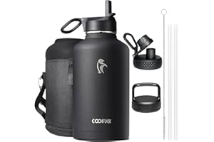Coolflask Insulated Water Bottle 2L - 3 Lids with Straw & Spout & Handle, Leakproof Vacuum Stainless Steel Water Bottle for Sports, Travel, Gym, 48H Cold & 24H Hot, BPA Free, Black