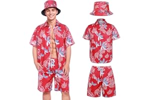 SERTAS Mens Hawaiian Shirt and Shorts Hat Set,Red Hawaiian Shirts for Men,Funny Shirt,Summer Custom Hawaiian Shirt Shiteshirts,Shiteshirts for Indoor Outdoor Beach Seaside Holiday