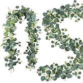 6ft Eucalyptus Garland, Artificial Eucalyptus Decorations for Wedding and Home Decor, Waterproof Green Garland with White Flo