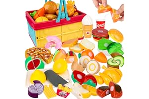 Hanmulee Play Food Sets for Children Kitchen, 65PCS Plastic Toy Food Sets Pizza and Fruits Cutting Toys, Pretend Play Kitchen Accessories with Basket, Role Play Toys for Kids Toddlers