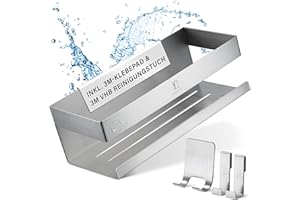 EDELZ® Bad Duschablage Duschkorb ohne Bohren – Shampoo Halterung für Dusche zum Kleben aus rostfreiem mit original 3M Klebepads, 2 beweglichen Haken, extra Rasiererhalter (Edelstahl-Silber)