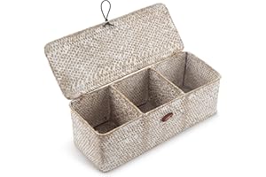 DECRAFTS Panier Rangement Jonc de Mer avec Couvercle Rectangulaires Malle en Osier avec Compartiment pour Organiser des Jouets de Collation en Papier Toilette Blanchir