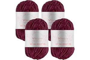 Vincona Fil chenille 4 x 100 g laine à tricoter - Doux laine crochet, chenille fil pour crochet tricot - 100% polyester - 4 x 120 m Super Soft Chunky Yarn - Aiguilles n° 5-6 Rouge bordeaux
